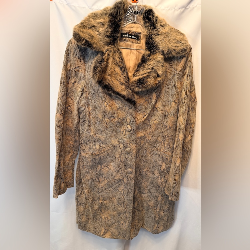 VTG Revue Size Large 100% Leather Snakeskin Print Rabbit Fur Trim Coat Tan Brown
